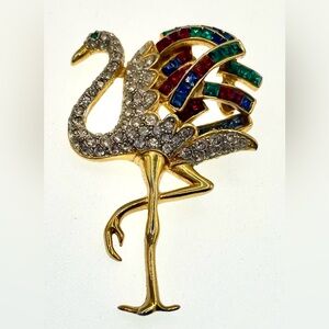 Vintage Gold Tone Colorful Crystals Flamingo Bird Brooch Pin